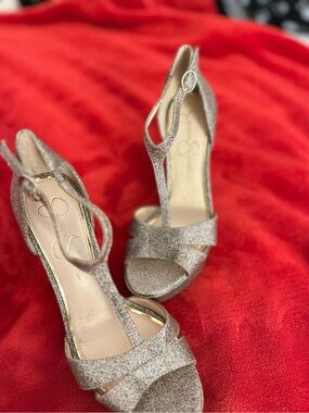 Jessica Simpson Glitter Gold T-Strap Heels